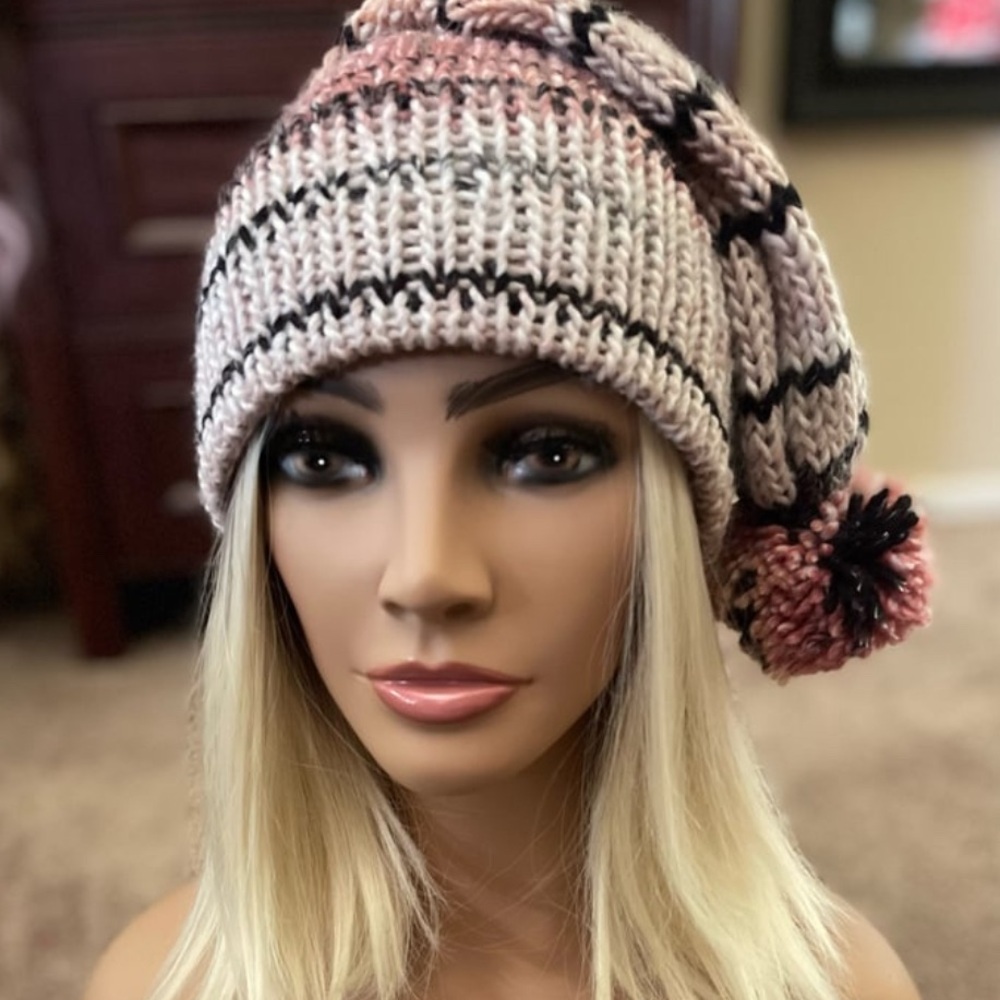 "Pom-Pom Party" Pink & Black Striped Stocking Cap - Picture 2 of 2